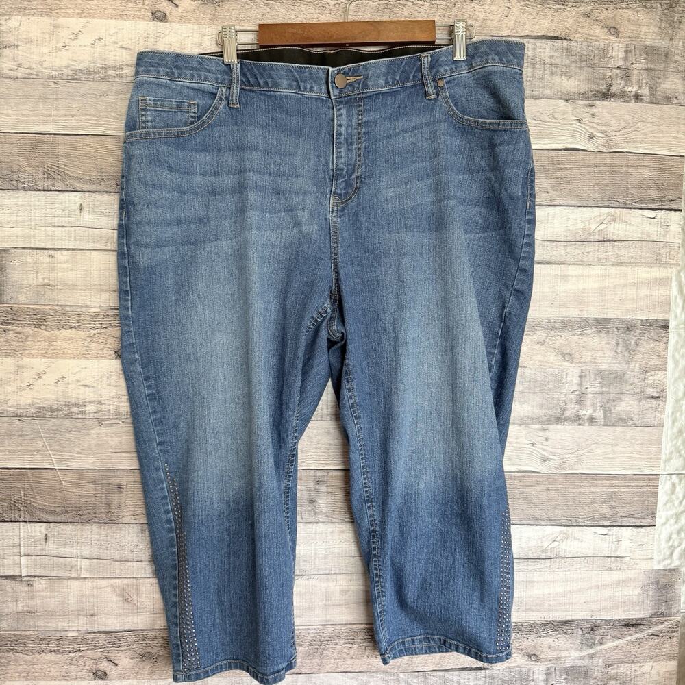 Catherines Womens Jean Capri Pants High Rise Beaded Accent Blue Denim 20W